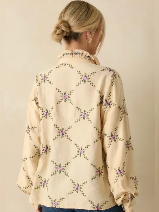 NEW Ivory Multi Floral Embroidered Long Sleeve Spring Blouse Medium - Picture 4 of 5